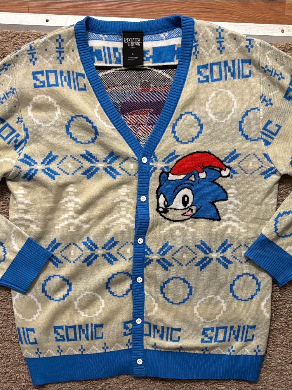 Sonic The Hedgehog Graphic Men’s Lg Blue V-Neck Cardigan Sweater NWOT